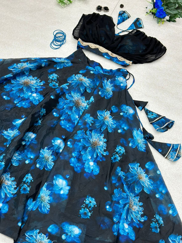 Outstanding Blue Color Organza Crop Top With Lehenga