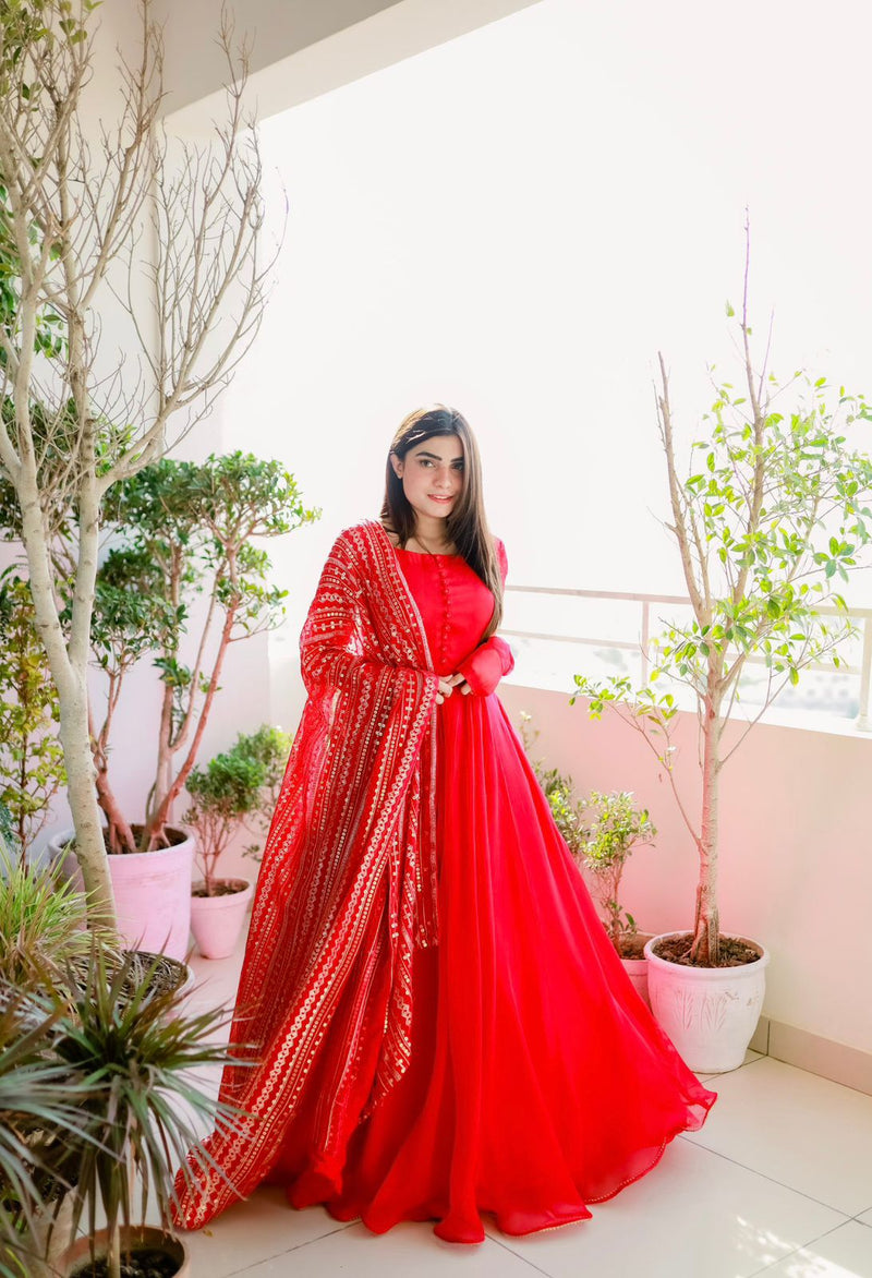Crimson Red Chanderi Gown With Pista Green Dupatta – Indianvirasat