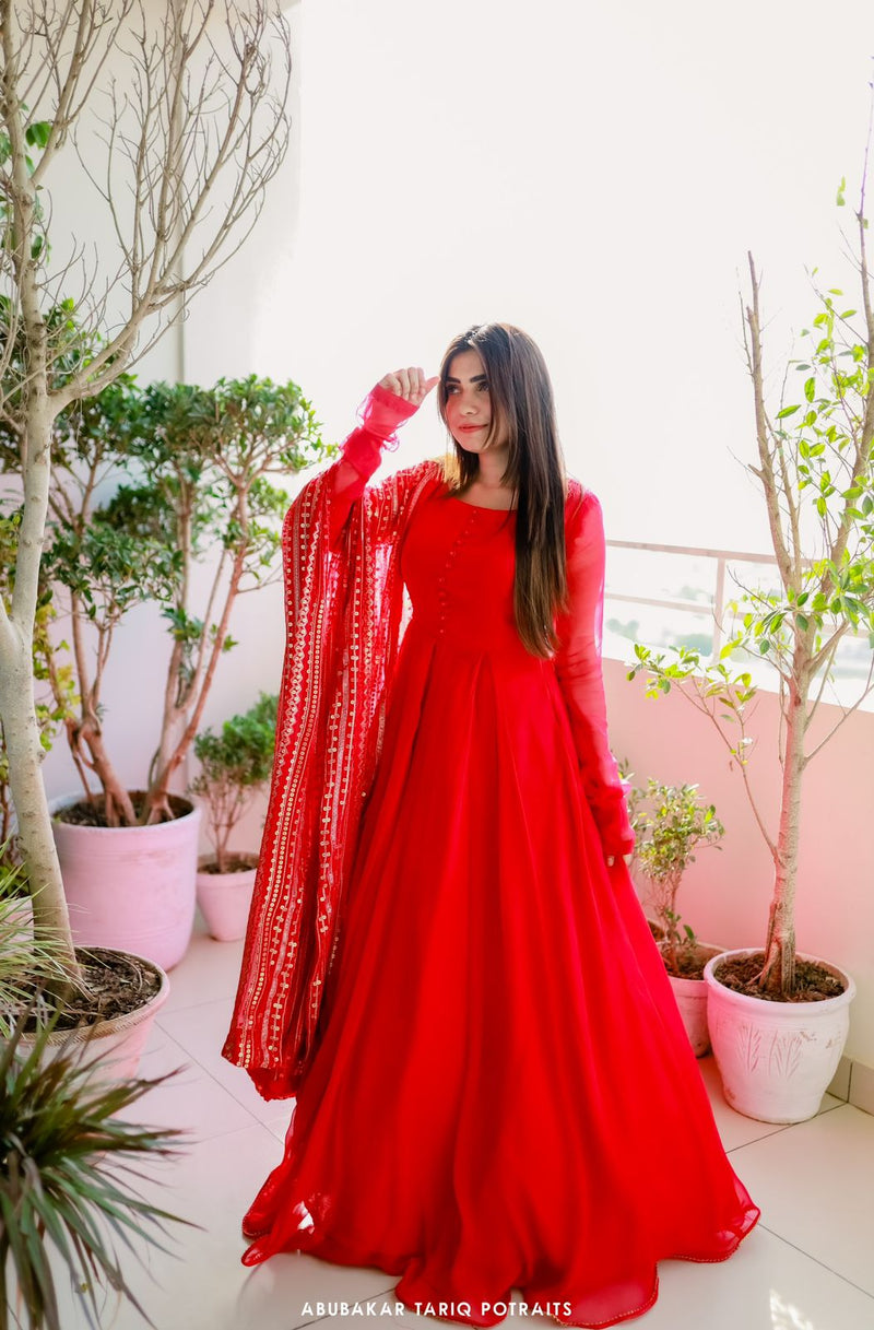Beaded Bodice Long Sleeve 3D Rose Red Prom Dress - Xdressy