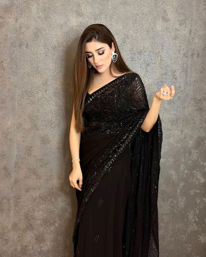 Party Wear Black Color Sequence Work Saree