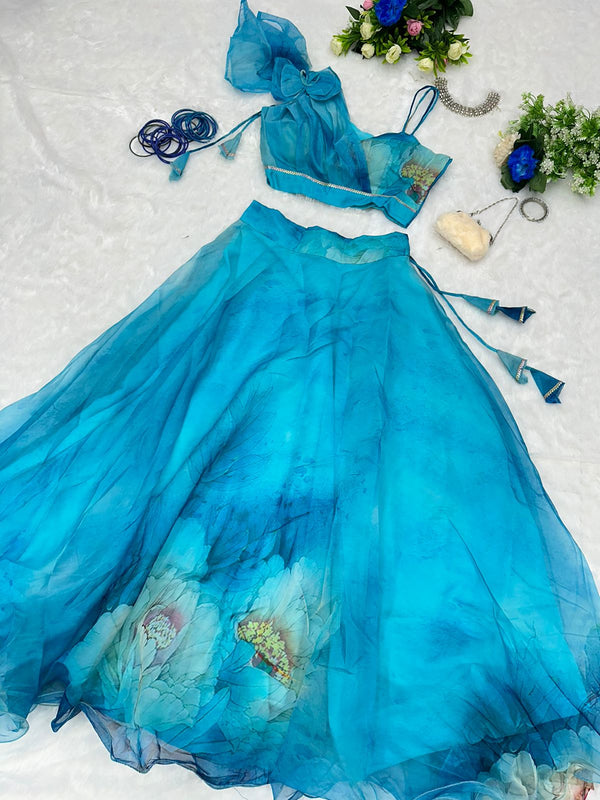Fancy Pattern Sky Blue Color Printrd Organza Lehenga Choli