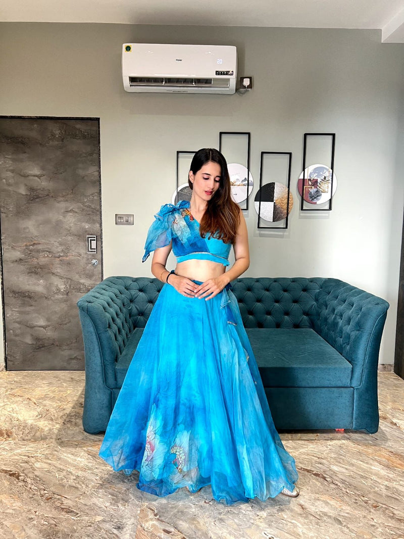 Digital Print Sky Blue Color Lehenga With Blouse