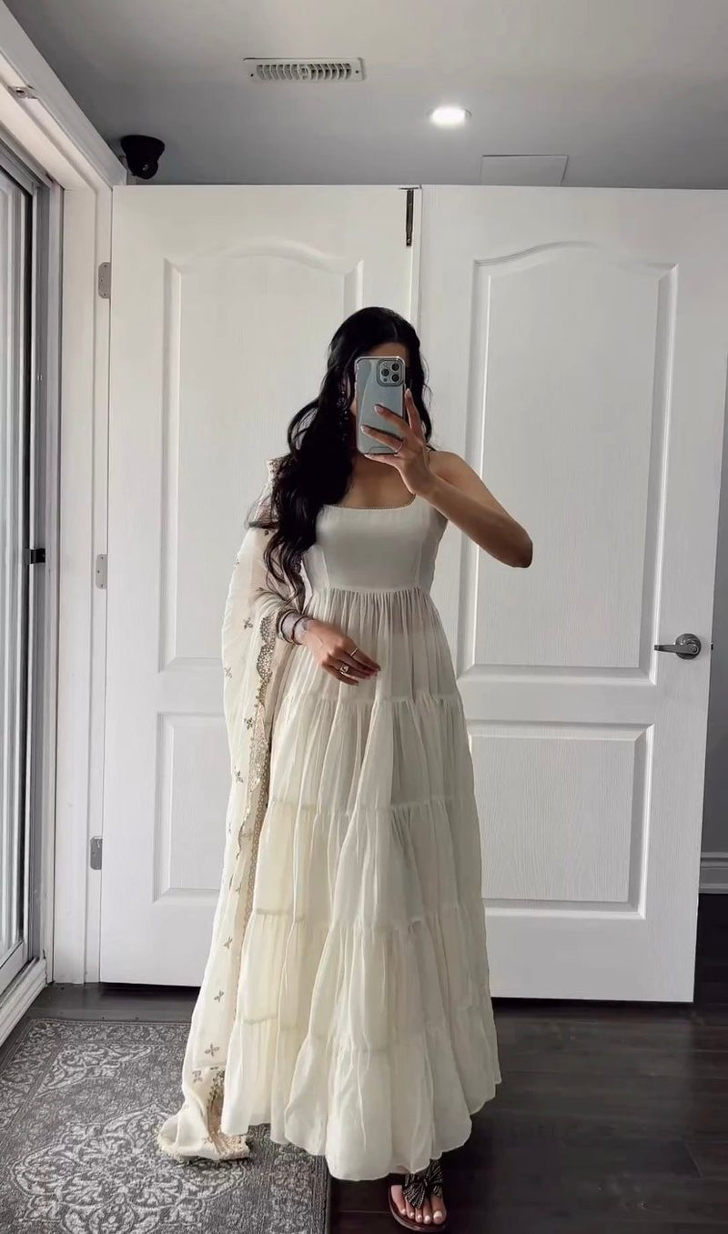 Outstanding White Color Ruffle Anarkali Gown – subhvastra Outstanding White Color Ruffle Anarkali Gown – subhvastra