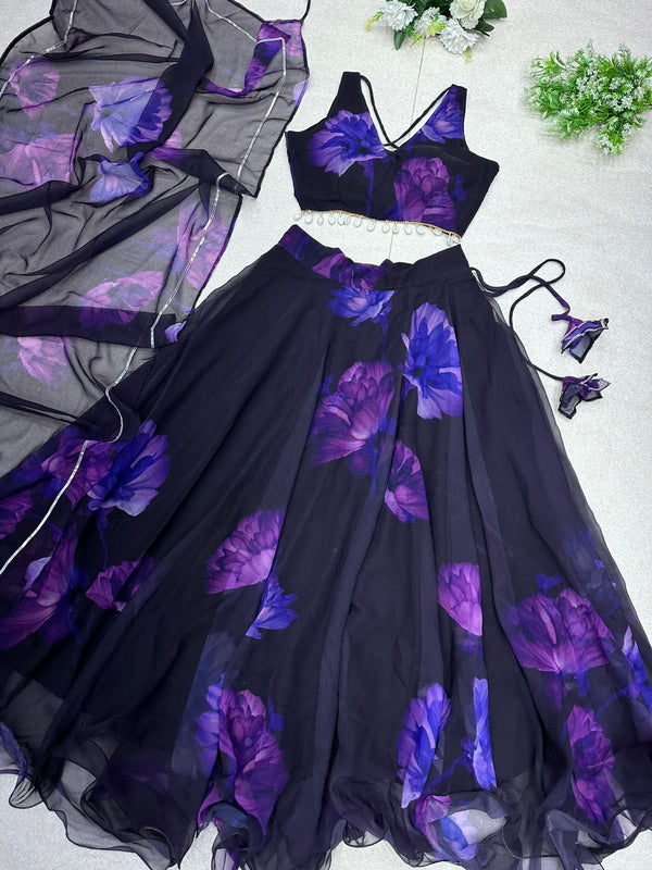 Purple Digital Printed Black Color Pretty Lehenga Choli