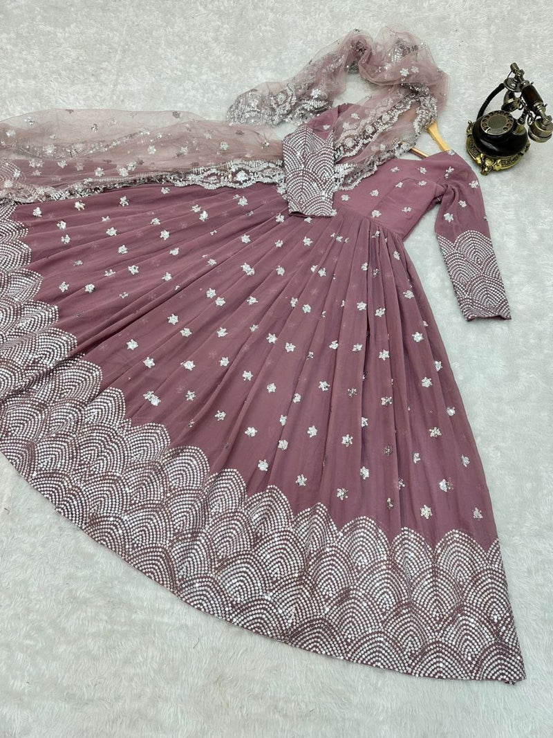 Ravishing Dusty Pink Color Embroidery Work Gown