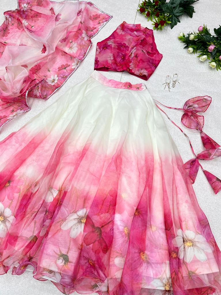 Pretty White With Pink Color Organza Silk Lehenga Choli