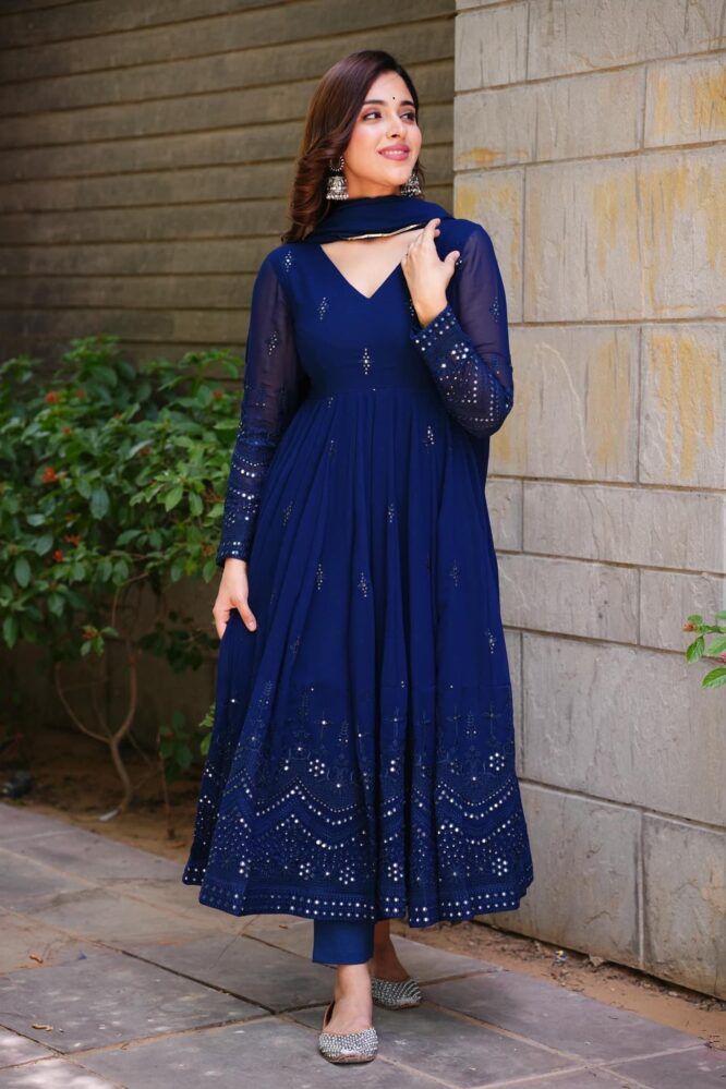 Glimmering Blue Color Sequence Thread Work Anarkali Gown subhvastra Glimmering Blue Color Sequence Thread Work Anarkali Gown subhvastra