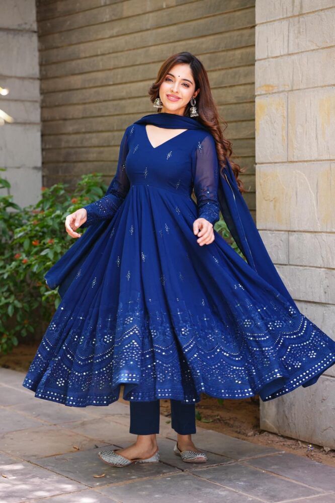 Glimmering Blue Color Sequence Thread Work Anarkali Gown subhvastra Glimmering Blue Color Sequence Thread Work Anarkali Gown subhvastra