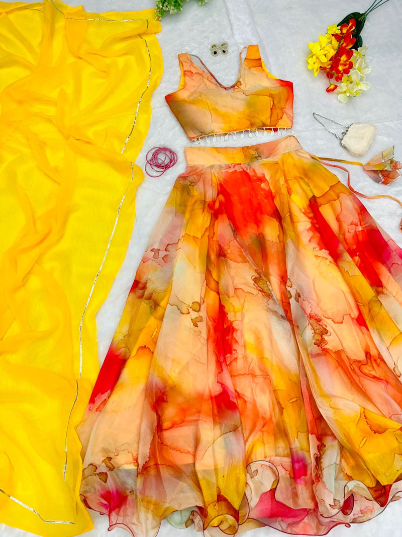 Haldi Style Shibori Print Yellow Color Lehenga Choli