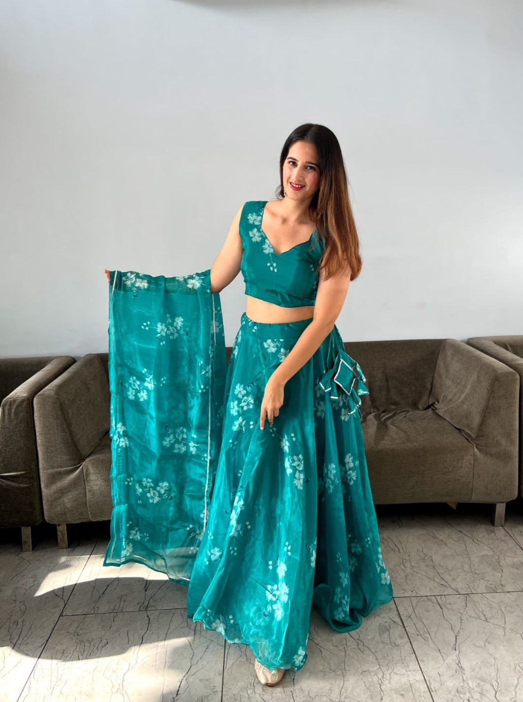 Amazing Digital Print Aqua Green Organza Silk Lehenga Choli