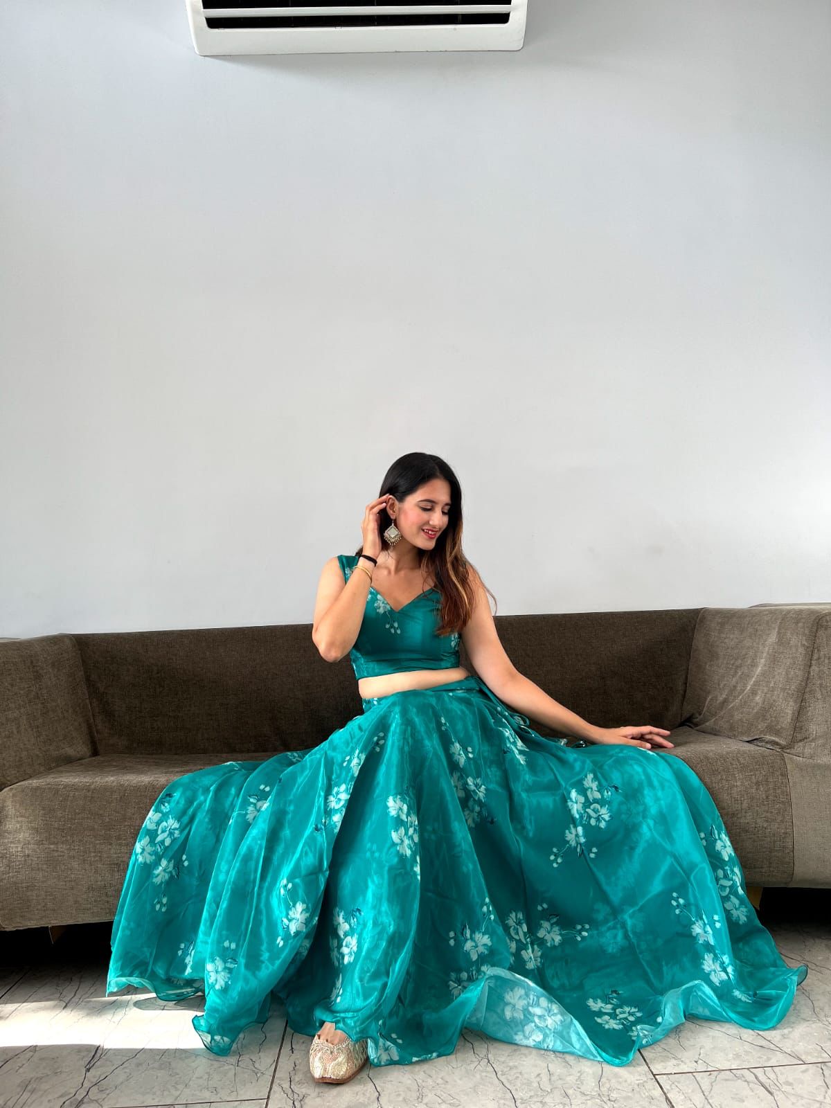 Amazing Digital Print Aqua Green Organza Silk Lehenga Choli