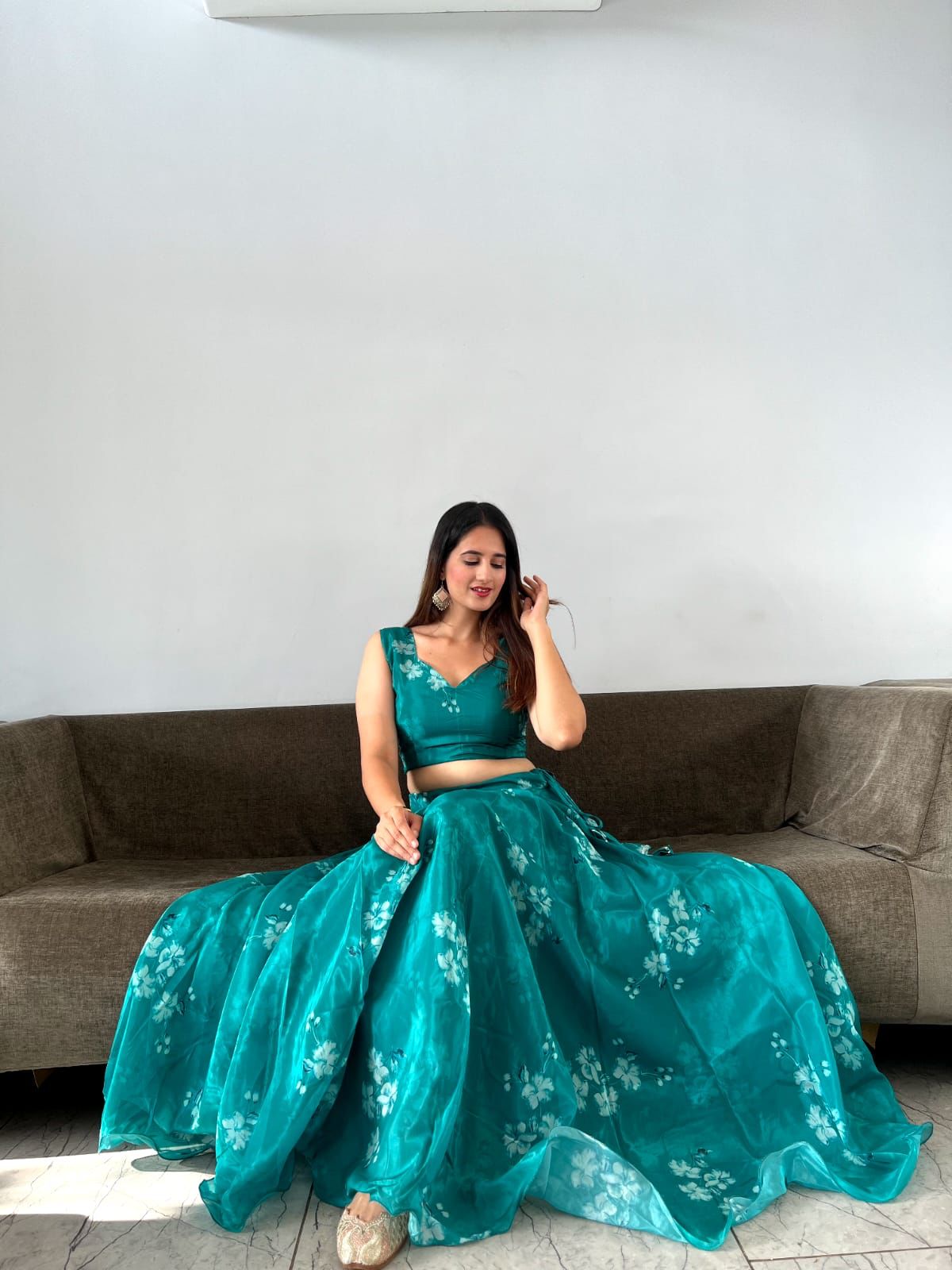 Amazing Digital Print Aqua Green Organza Silk Lehenga Choli