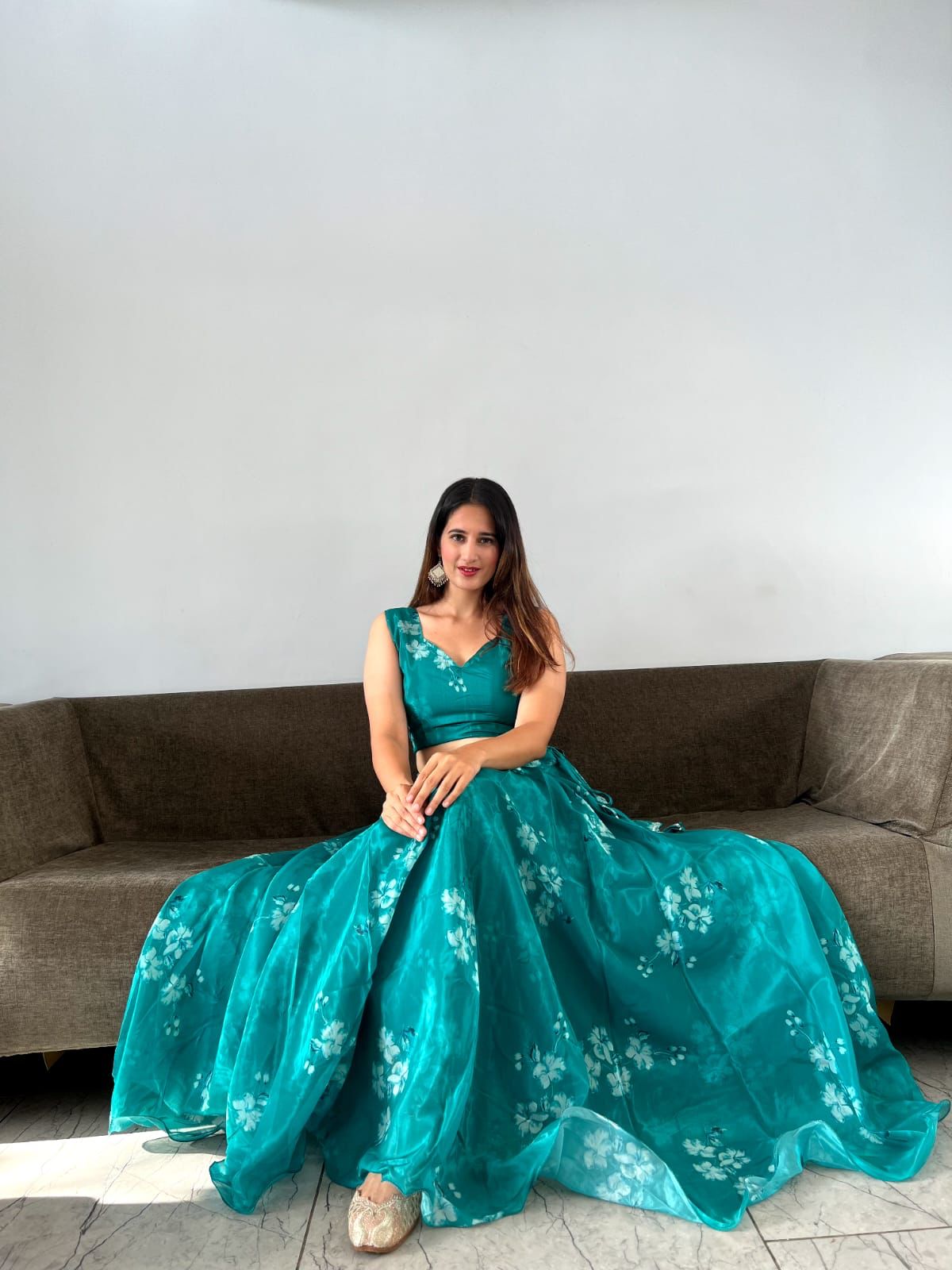 Amazing Digital Print Aqua Green Organza Silk Lehenga Choli