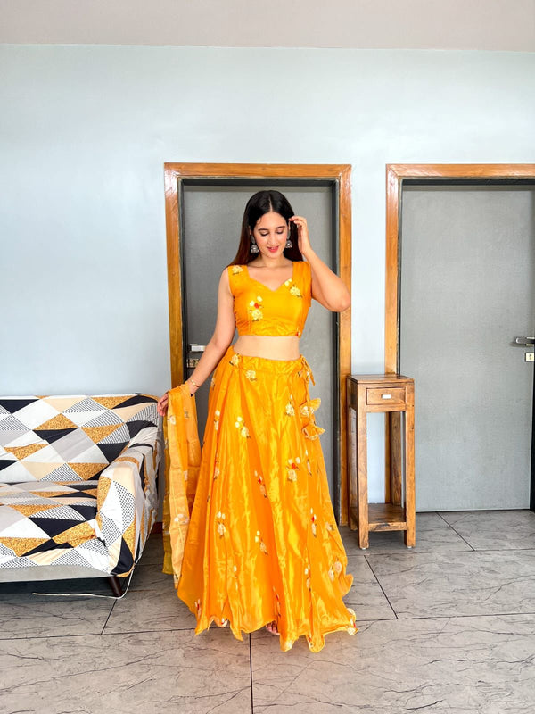 Amazing Digital Print Mustard Organza Silk Lehenga Choli