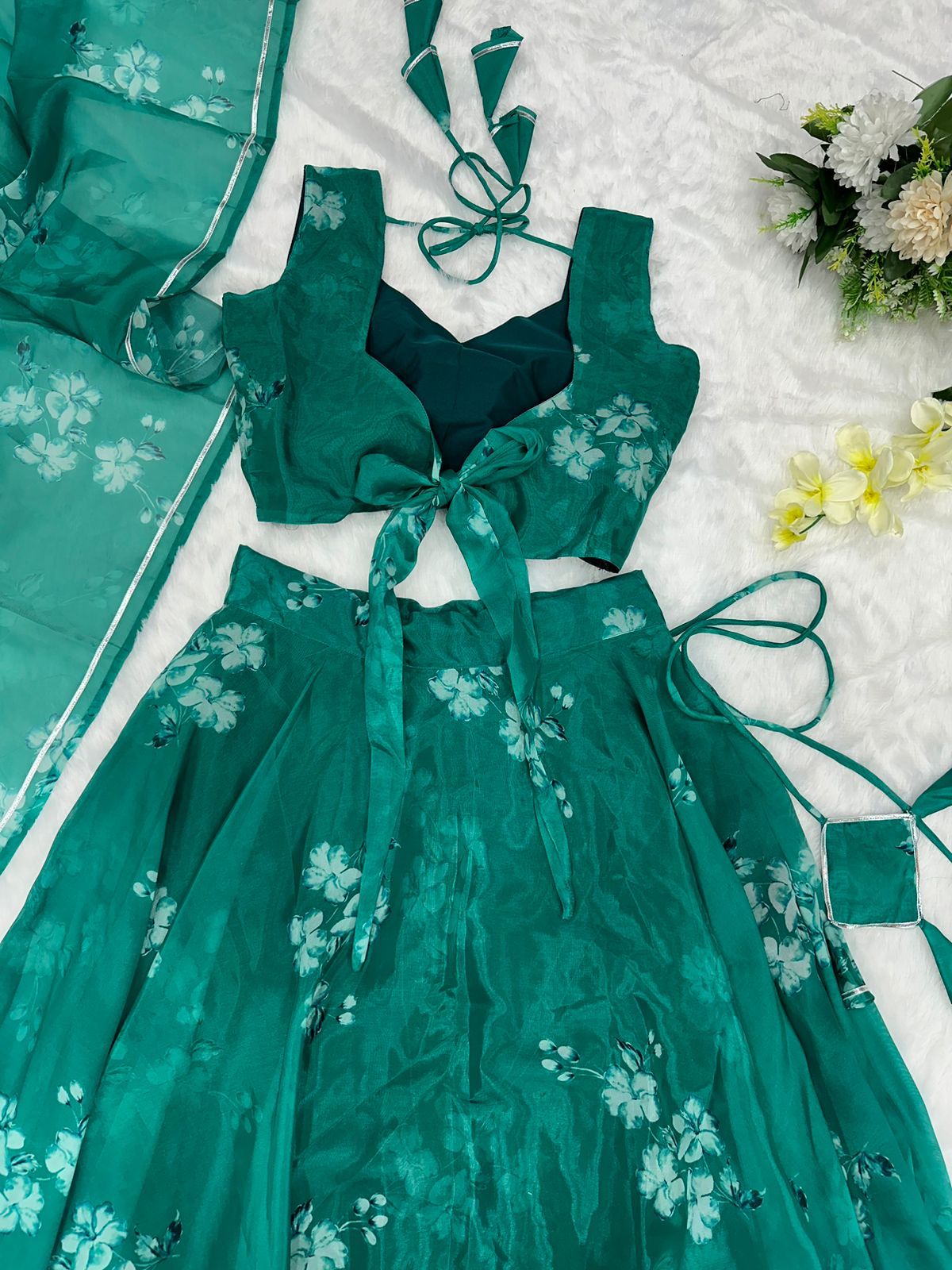 Amazing Digital Print Aqua Green Organza Silk Lehenga Choli
