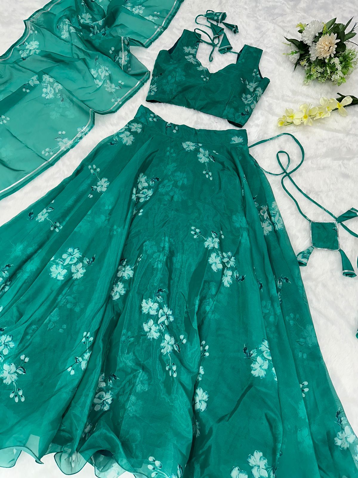 Amazing Digital Print Aqua Green Organza Silk Lehenga Choli