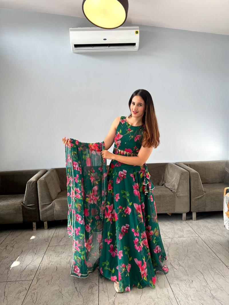 Digital Flower Print Green Color Lehenga Choli