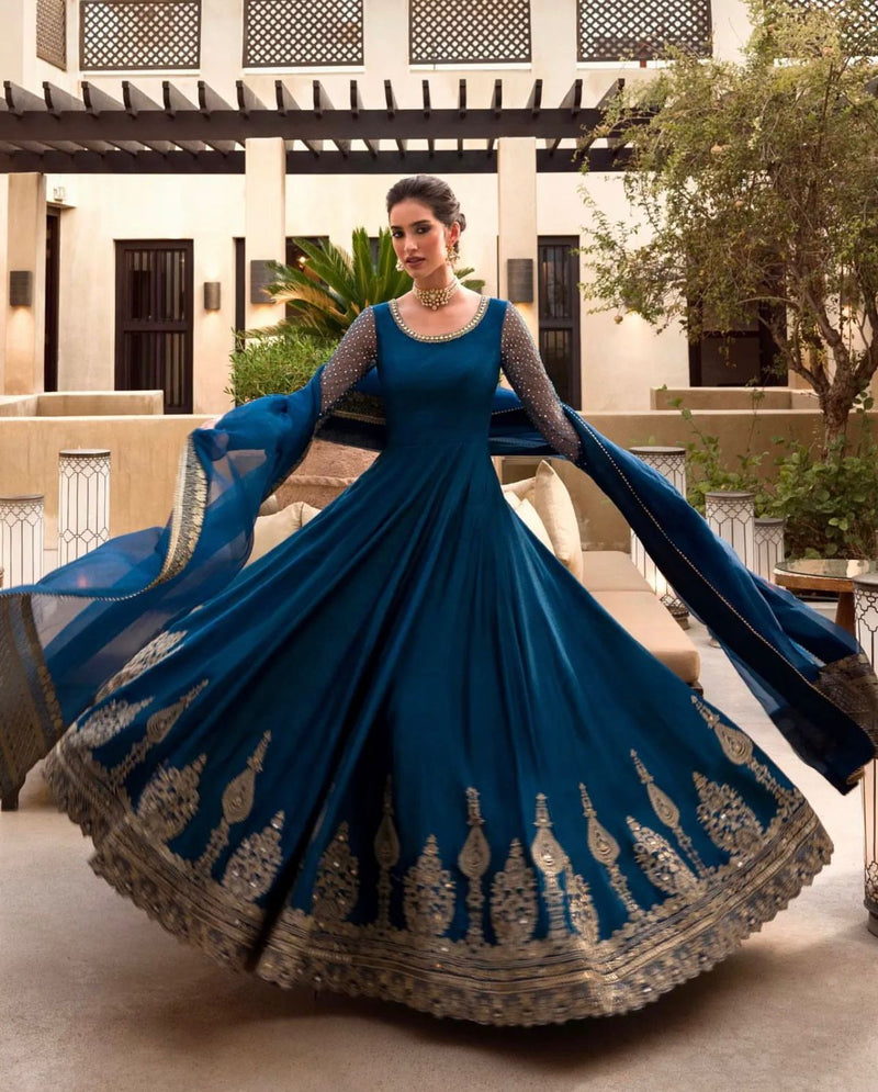 Function Wear Captivating Georgette Fabric Gown In Teal Color