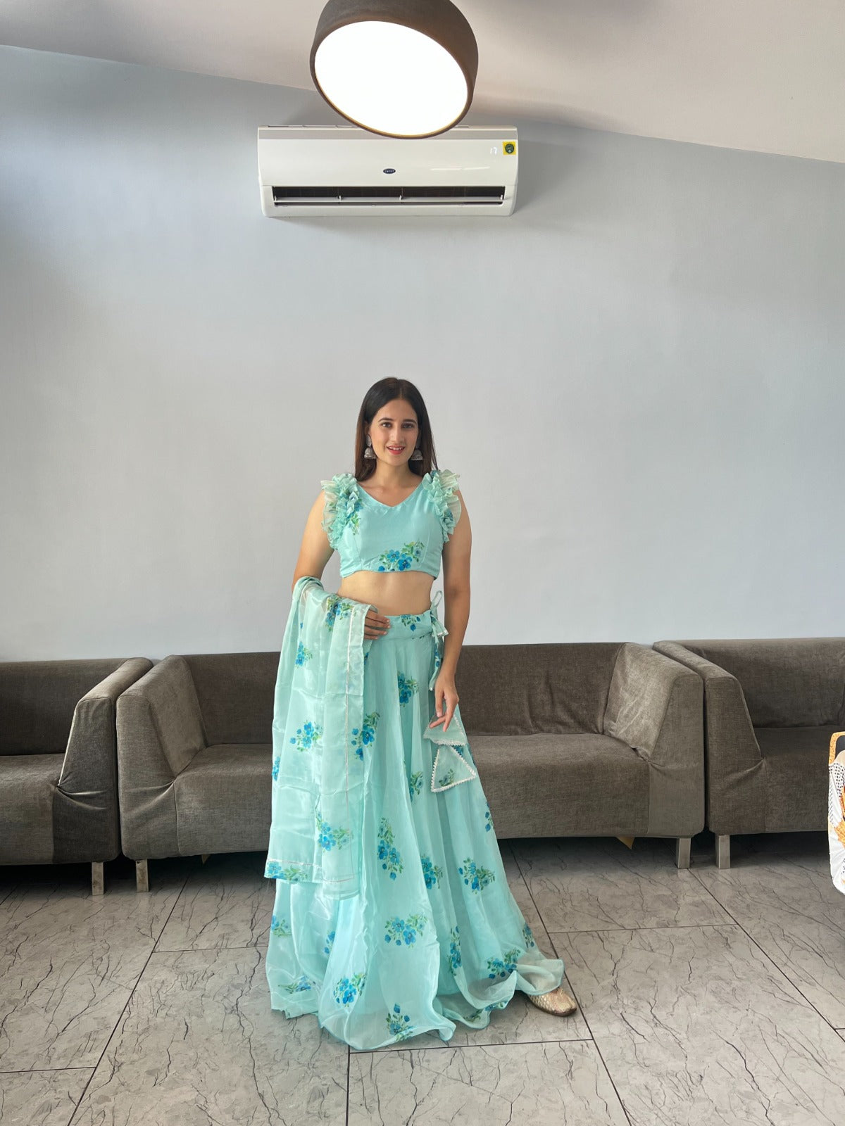 Mesmerizing Aqua Green Color Organza Silk Lehenga Choli