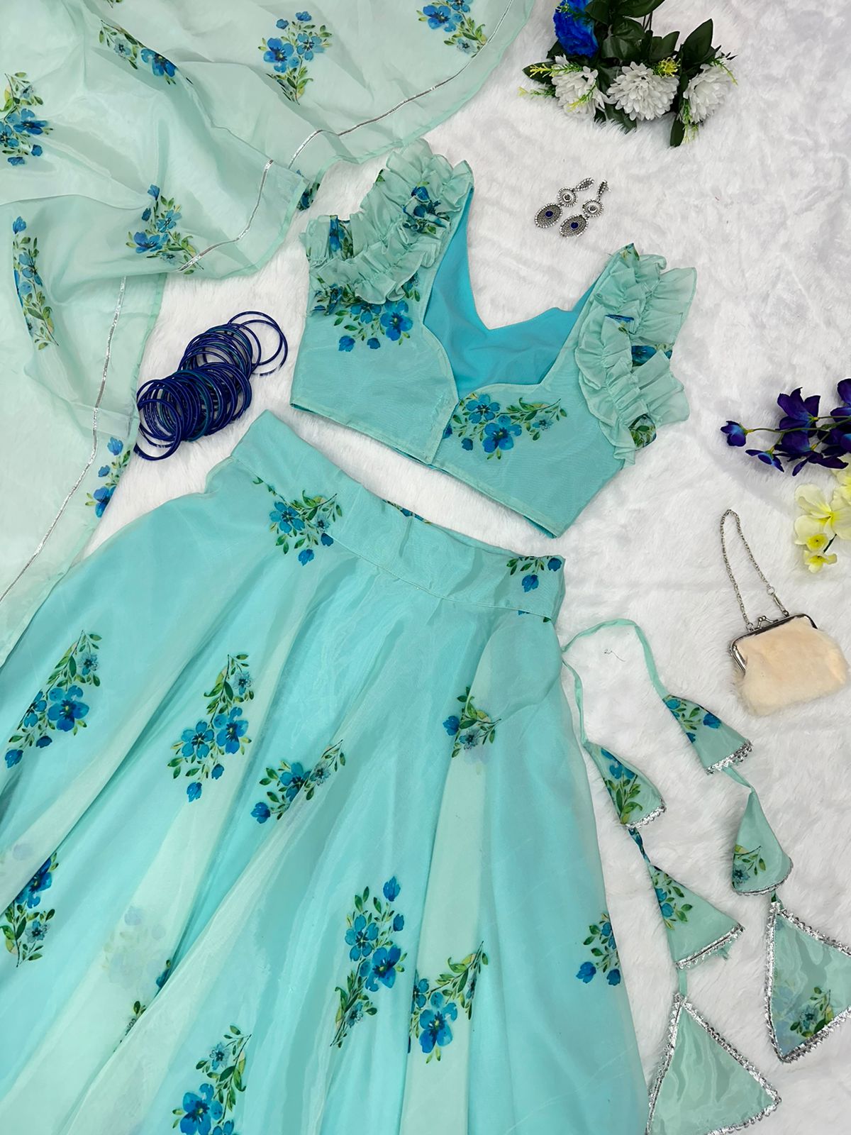 Mesmerizing Aqua Green Color Organza Silk Lehenga Choli