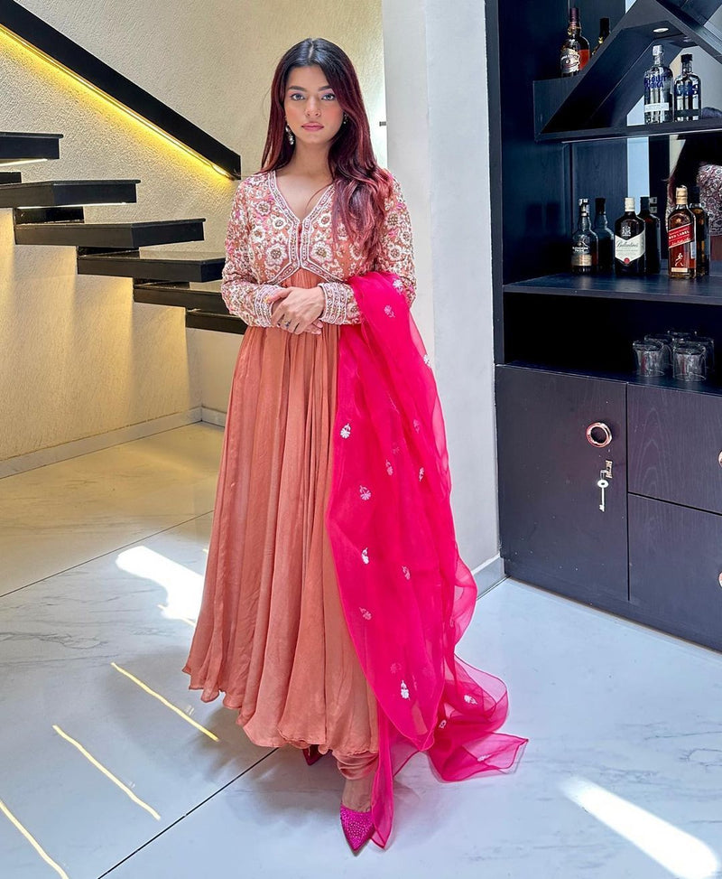 Peach Net Anarkali Style Gown with Thread-Sequins-Stone Embroidery and  Santoon Dupatta | Exotic India Art