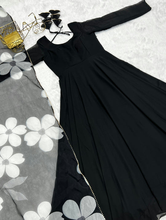 Black Fuax Blooming Embroidered gown with Dupatta - PrazuFashion - 4164578