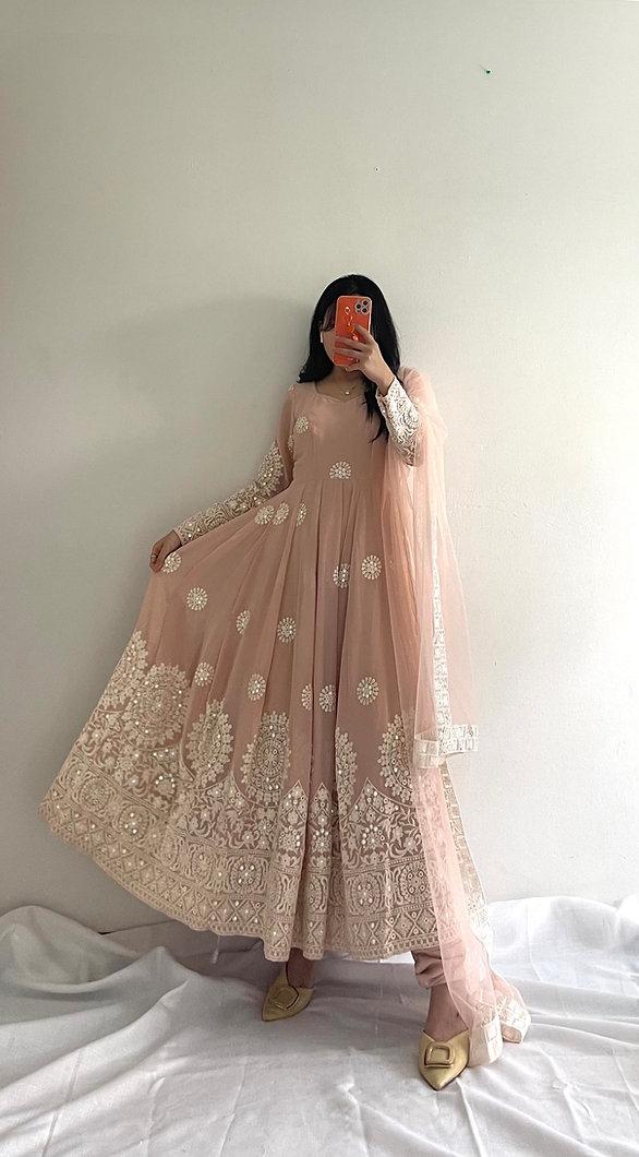 2142 Poonam Pandey's peach-deep blue anarkali gown – Shama's Collection