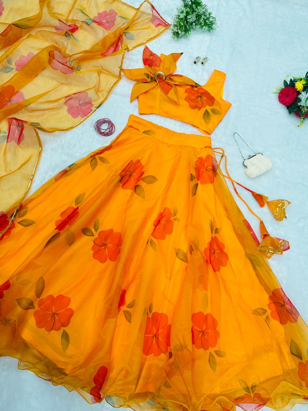 Yellow Color Organza Lehenga With Flower Pattern Blouse