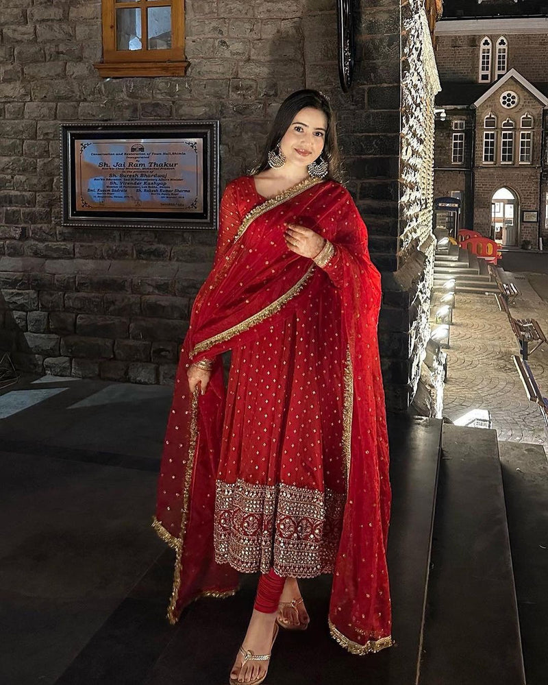 Outstanding Red Color Sequence Work Anarkali Gown