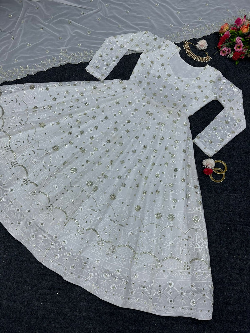 Pretty White Color Sequence Work Anarkali Gown