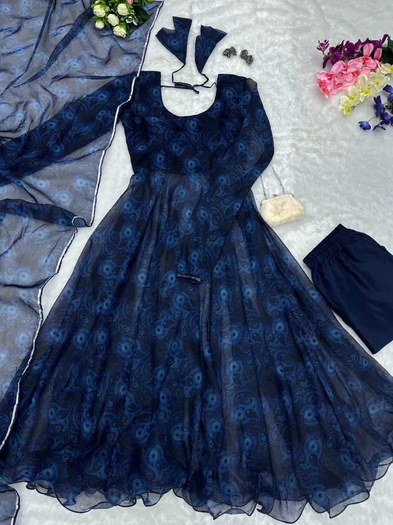 Amazing Navy Blue Digital Print Huge Flair Anarkali Suit