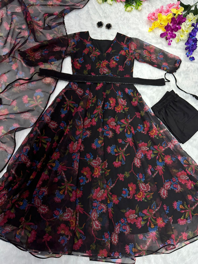 Lovely Flower Print Black Color Anarkali Suit