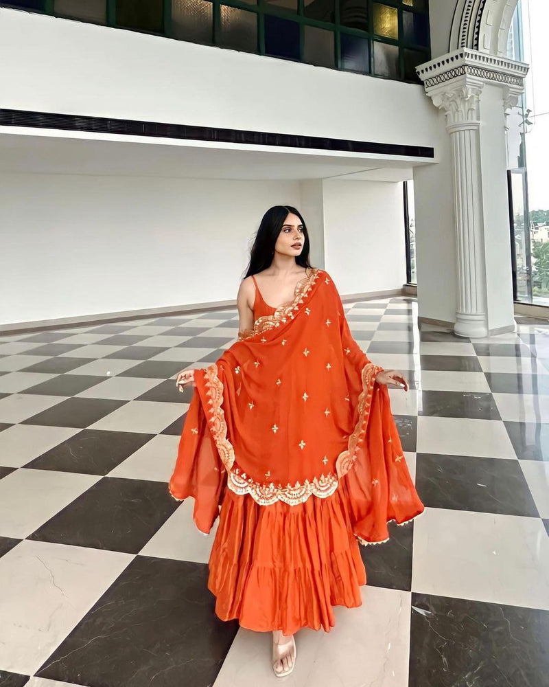 Beautiful Orange Color Ruffle Flair Anarkali Gown