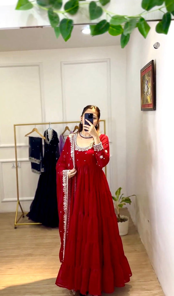 Ruffle Style Red Color Sequence Work Anarkali Gown