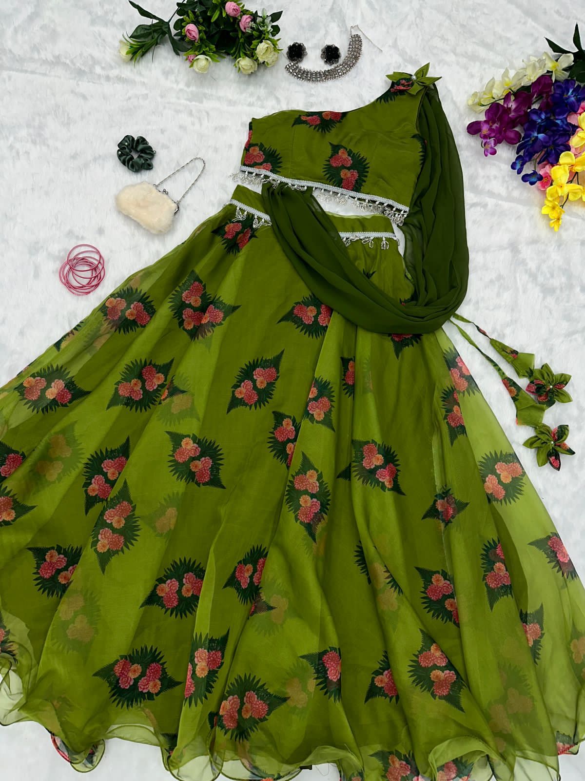 Organza Silk Digital Print Green Lehenga Fancy Blouse