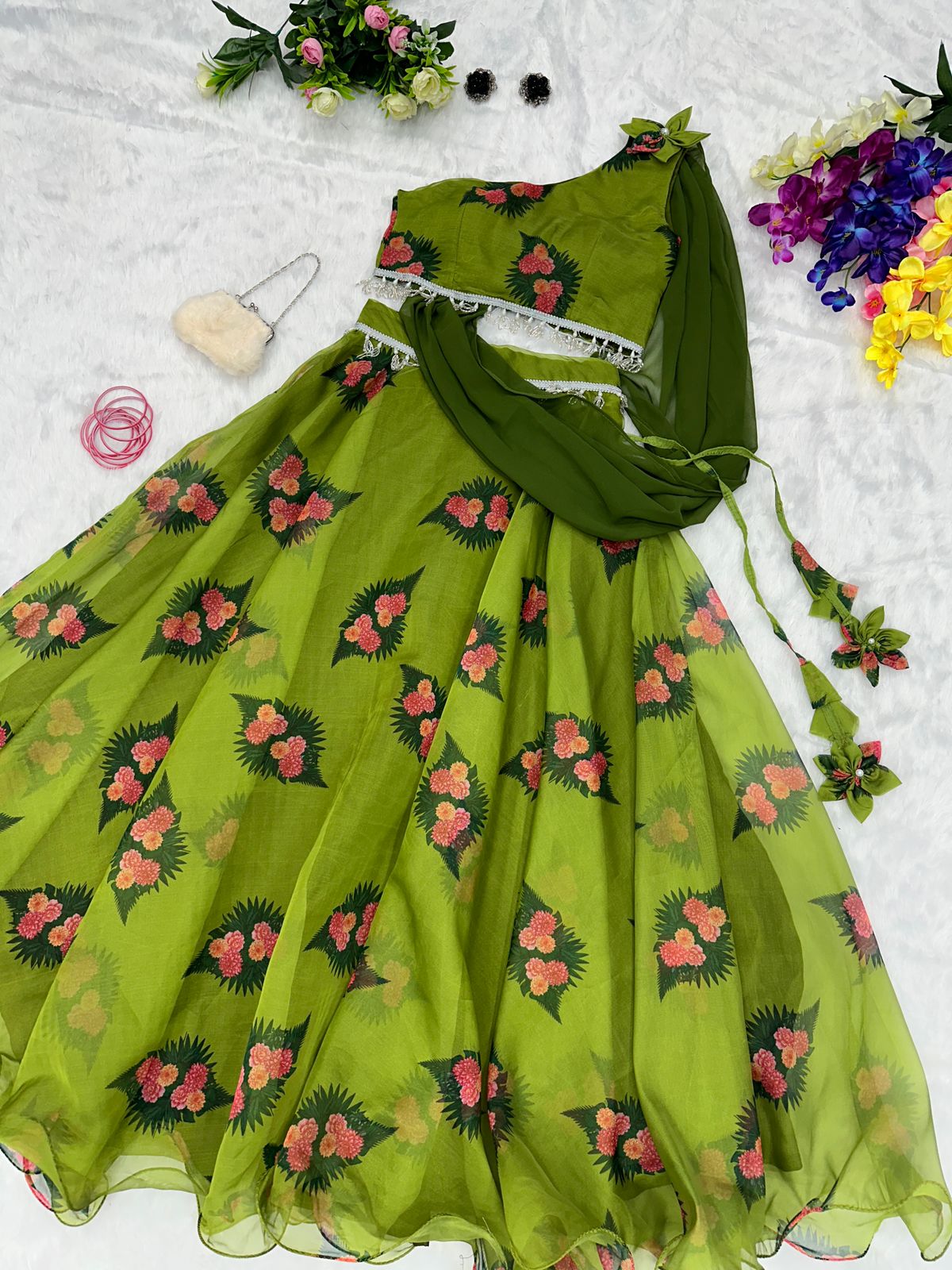 Organza Silk Digital Print Green Lehenga Fancy Blouse