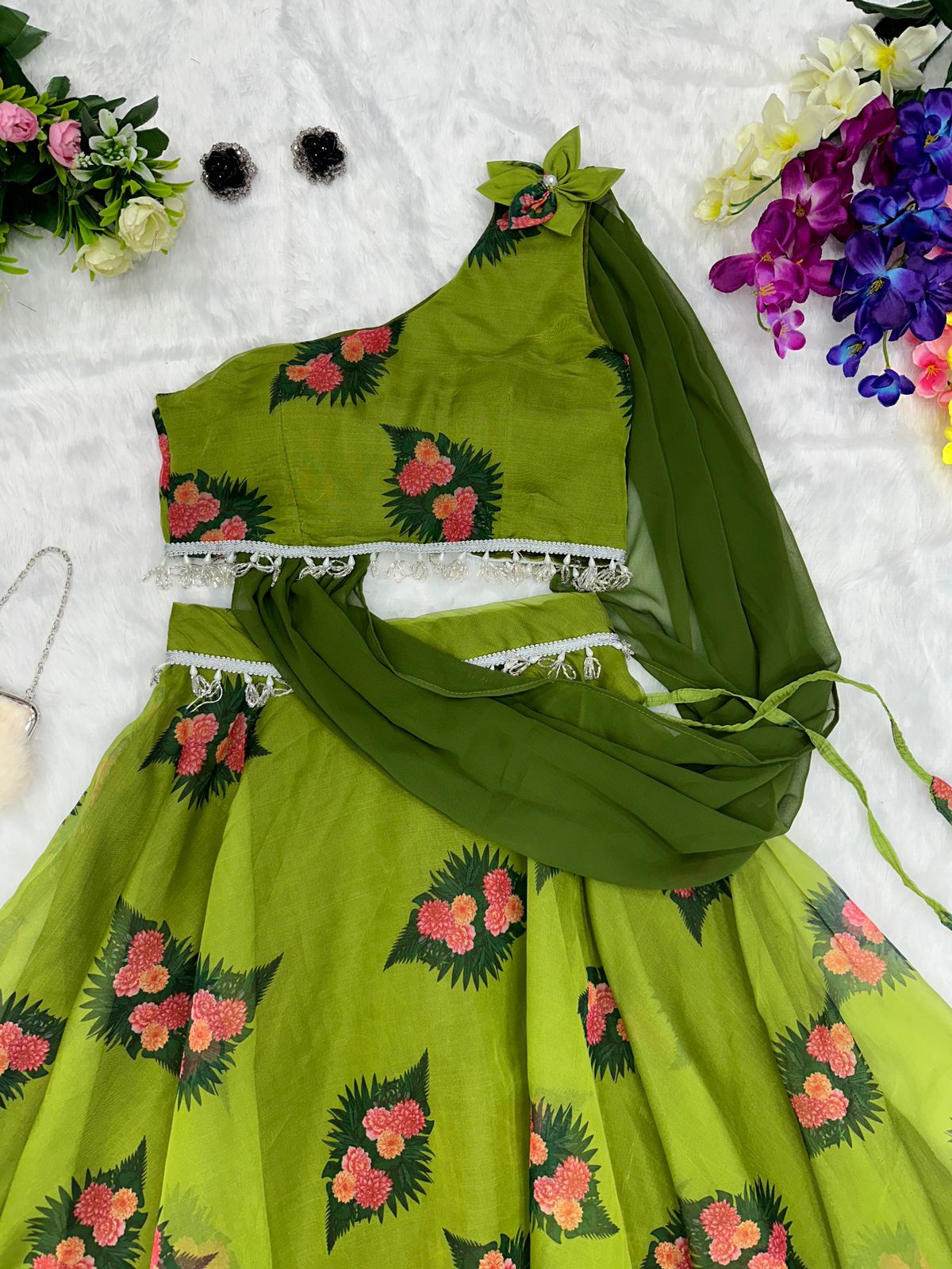 Organza Silk Digital Print Green Lehenga Fancy Blouse