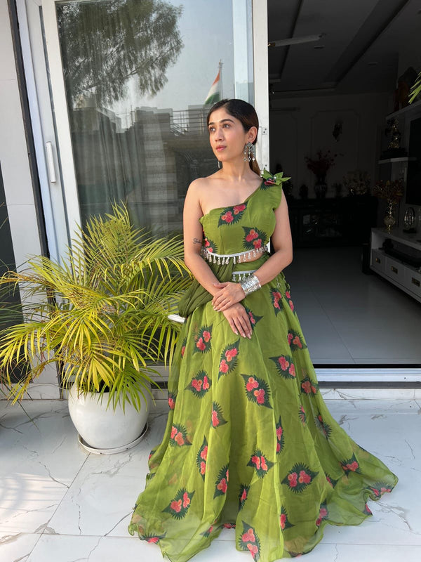 Organza Silk Digital Print Green Lehenga Fancy Blouse