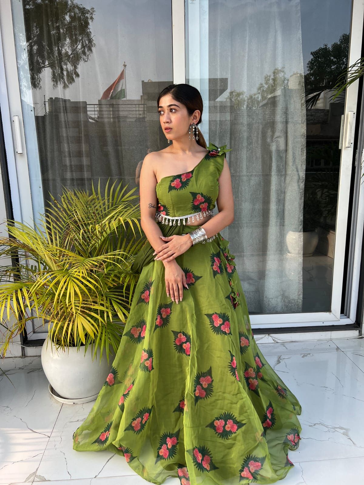 Organza Silk Digital Print Green Lehenga Fancy Blouse