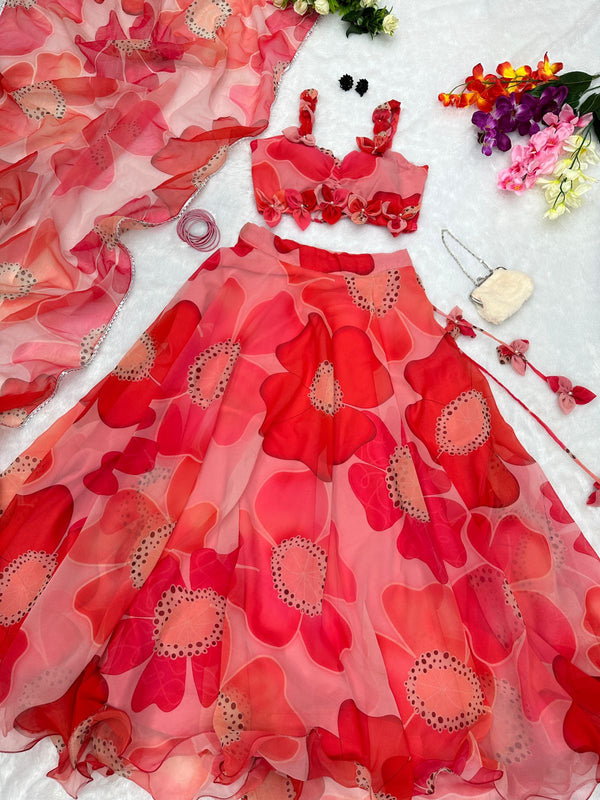 Fashionable Moti Work Flower Print Red Color Lehenga Choli