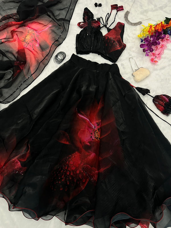 Fantastic Black Color Digital Print Lehenga Choli