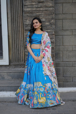 Sky Blue Color Rich Printed Silk Lehenga Choli