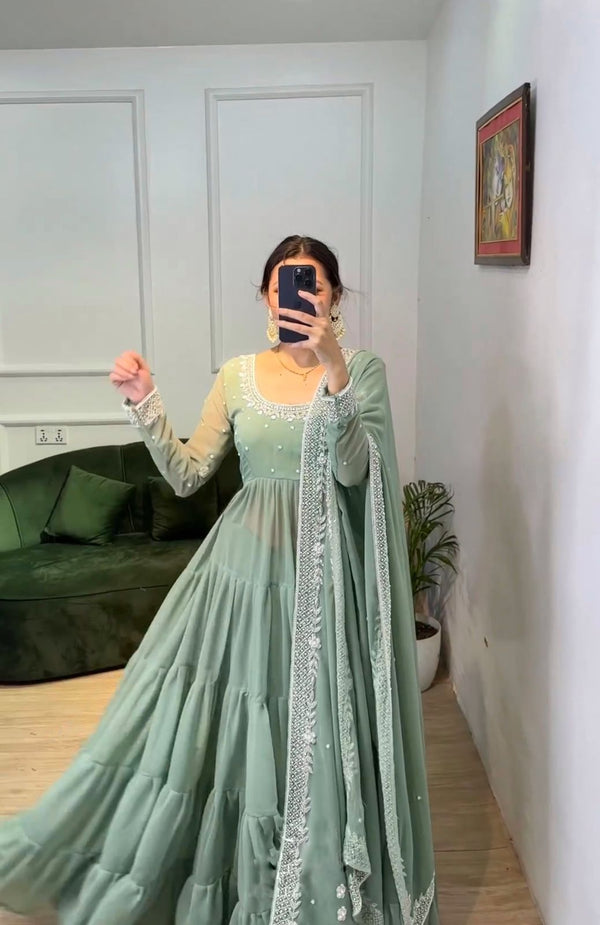 Ruffle Style Pista Green Color Anarkali Gown