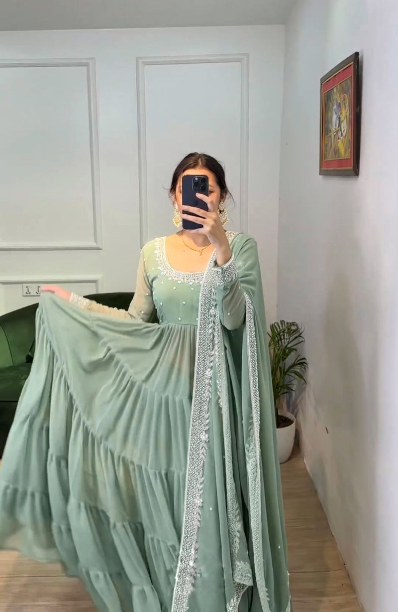 Ruffle Style Pista Green Color Anarkali Gown