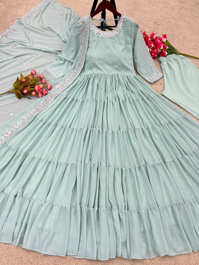 Ruffle Style Pista Green Color Anarkali Gown