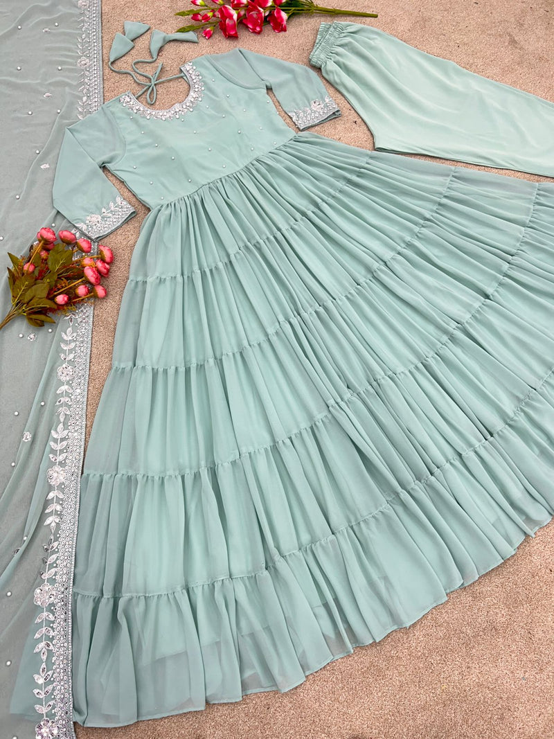 Ruffle Style Pista Green Color Anarkali Gown