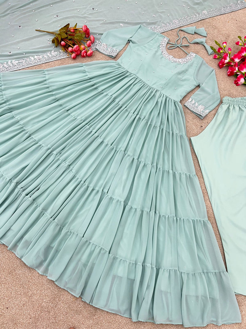 Ruffle Style Pista Green Color Anarkali Gown