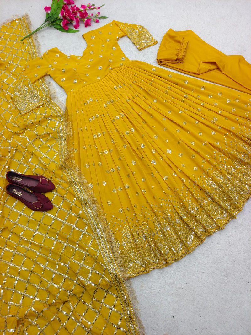 Gorgeous Yellow Color Sequence Work Anarkali Suit