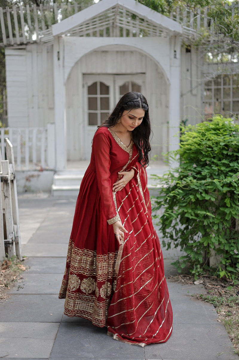 Captivating Maroon Color Gown With Ravishing Dupatta