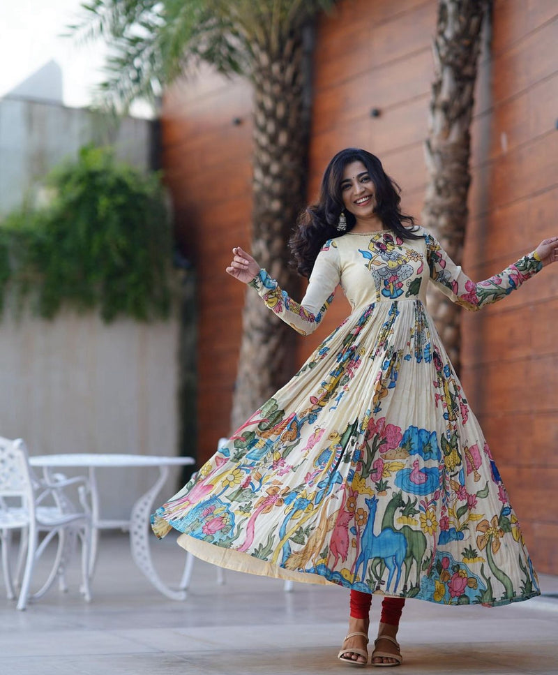 Kalamkari Print White Gown With Printed Dupatta